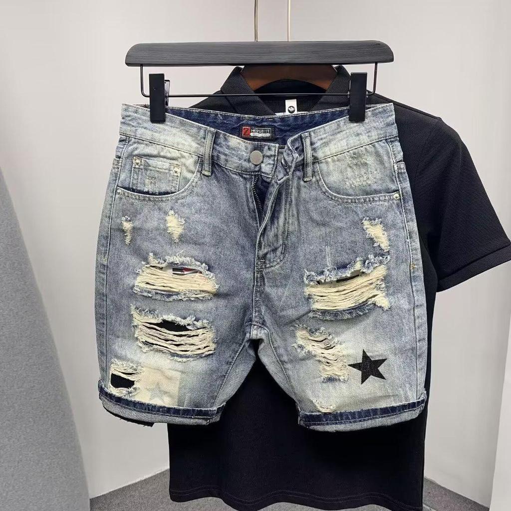 Men's 2024 Summer Ripped Denim Shorts - Casual Straight Mid-Length