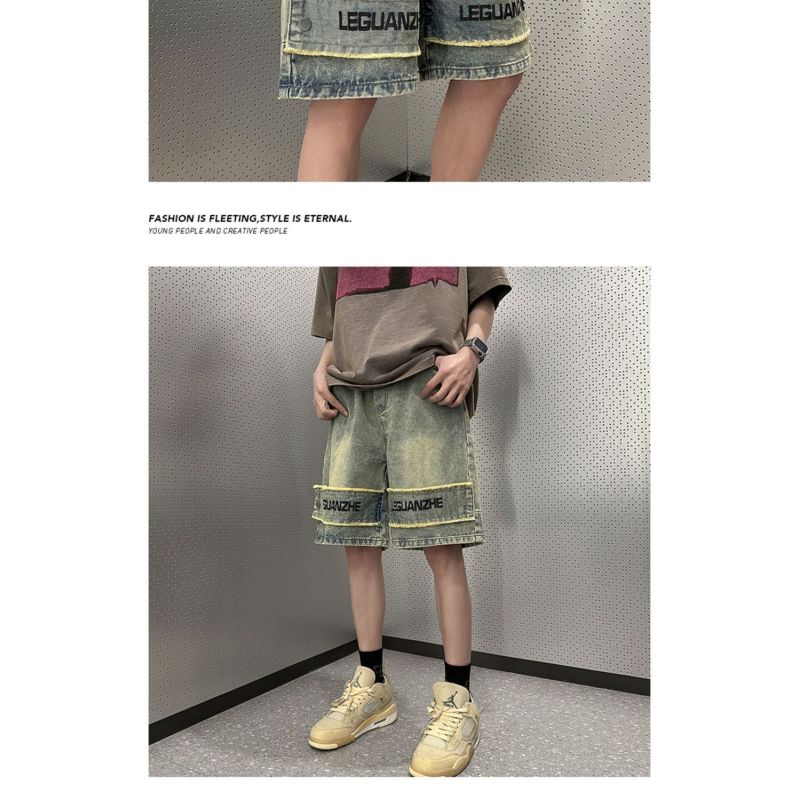 Americké retro džínové kraťasy pánské letní výklenkové kalhoty žluté bláto kalhoty high street vibe ležérní pětibodové kalhoty