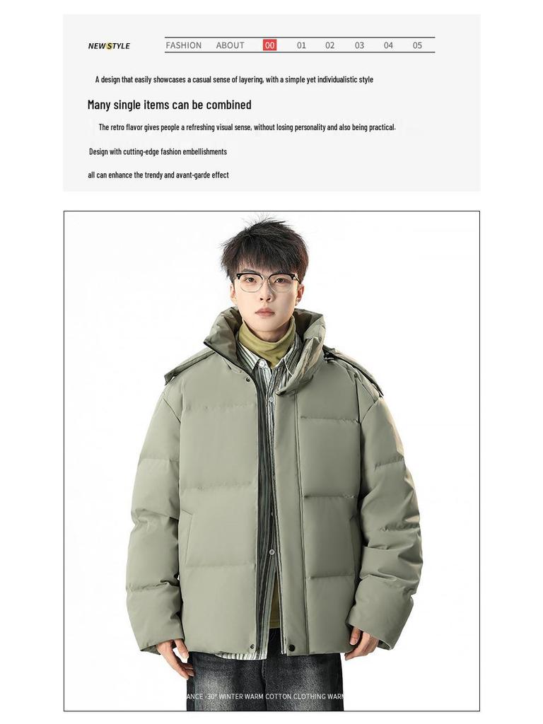Men's Winter Down Jacket with Detachable Hood - 90% White Duck Down, Solid Color, Versatile Youth Style