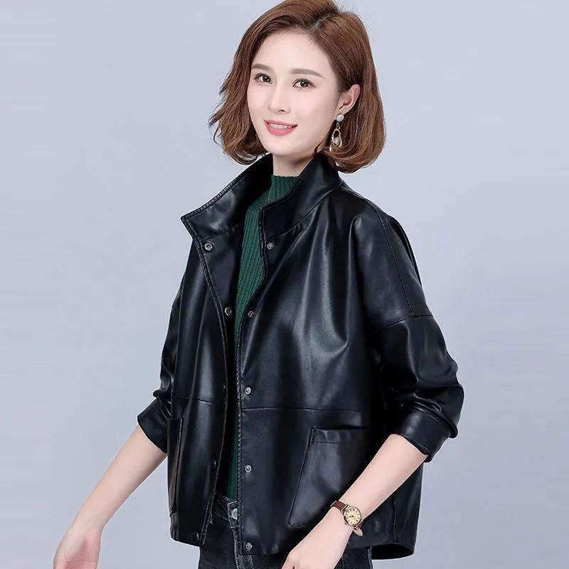 Giacca da Donna Casual Larga in Ecopelle PU per Primavera e Autunno con Collo Rialzato, Sezione Corta Semplice