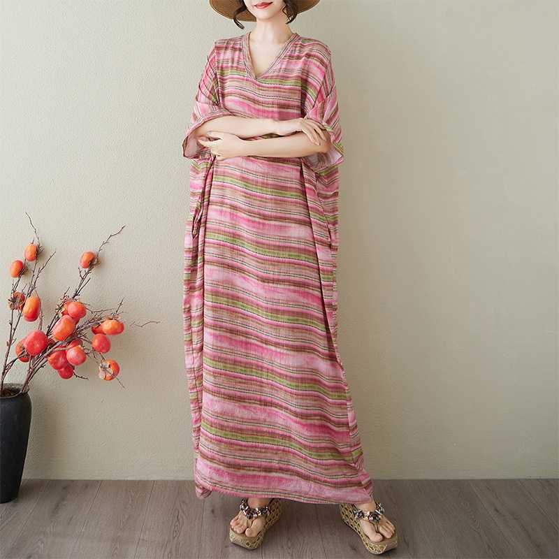 Vestido Largo Vintage para Mujer con Estampados de Algodón y Lino