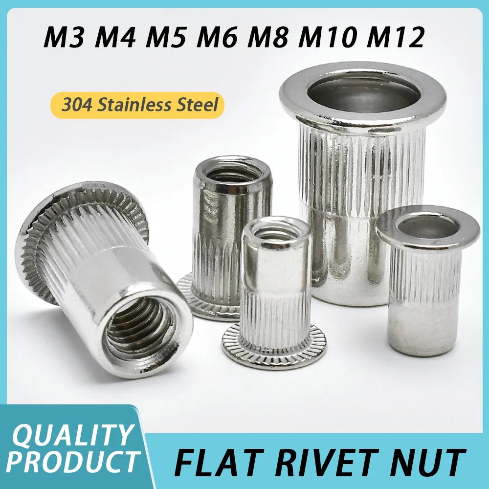 5-20PCS Flat Rivet Nut M3 M4 M5 M6 M8 M10 M12 304 Stainless Steel Flat Head Threaded Rivet Insert Nutsert Cap Rivets Nuts