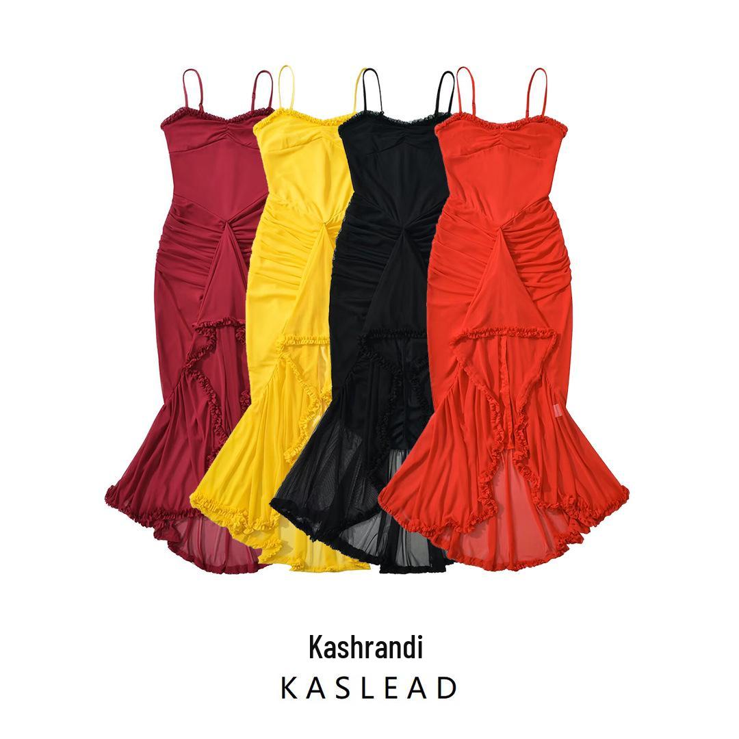 

2025 Spring Women s European & American Slim Mesh Irregular Long Dress Large помаранчевий