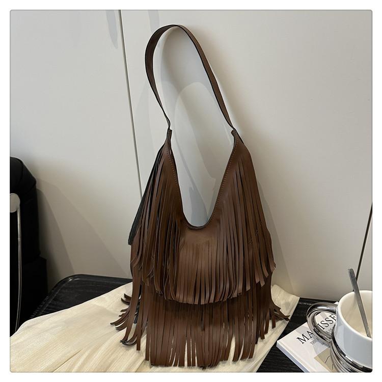 

Винтажная мода Сумка Maillard женская 2025 новая весенняя сумка-тоут под мышку с кисточками для работы и поездок, на плечо коричневый