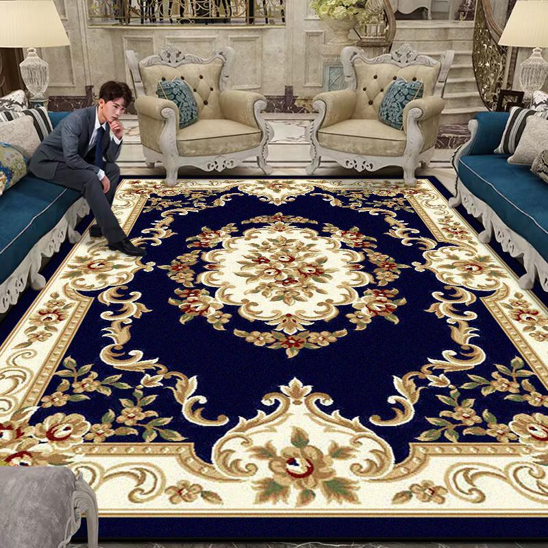 Luxury Large Living Room Rug Non-slip Flower Design Blue Sofa Table Mat Border Design Soft Lounge Rug Machine Washable Flannel