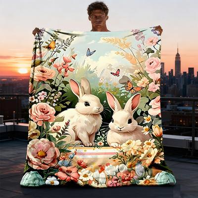 1pc Easter Bunnies Outdoor Blanket - Soft Flannel Cozy for Travel & Camping - All-Season Warm Bed Cover, Machine Washable Yy251229064