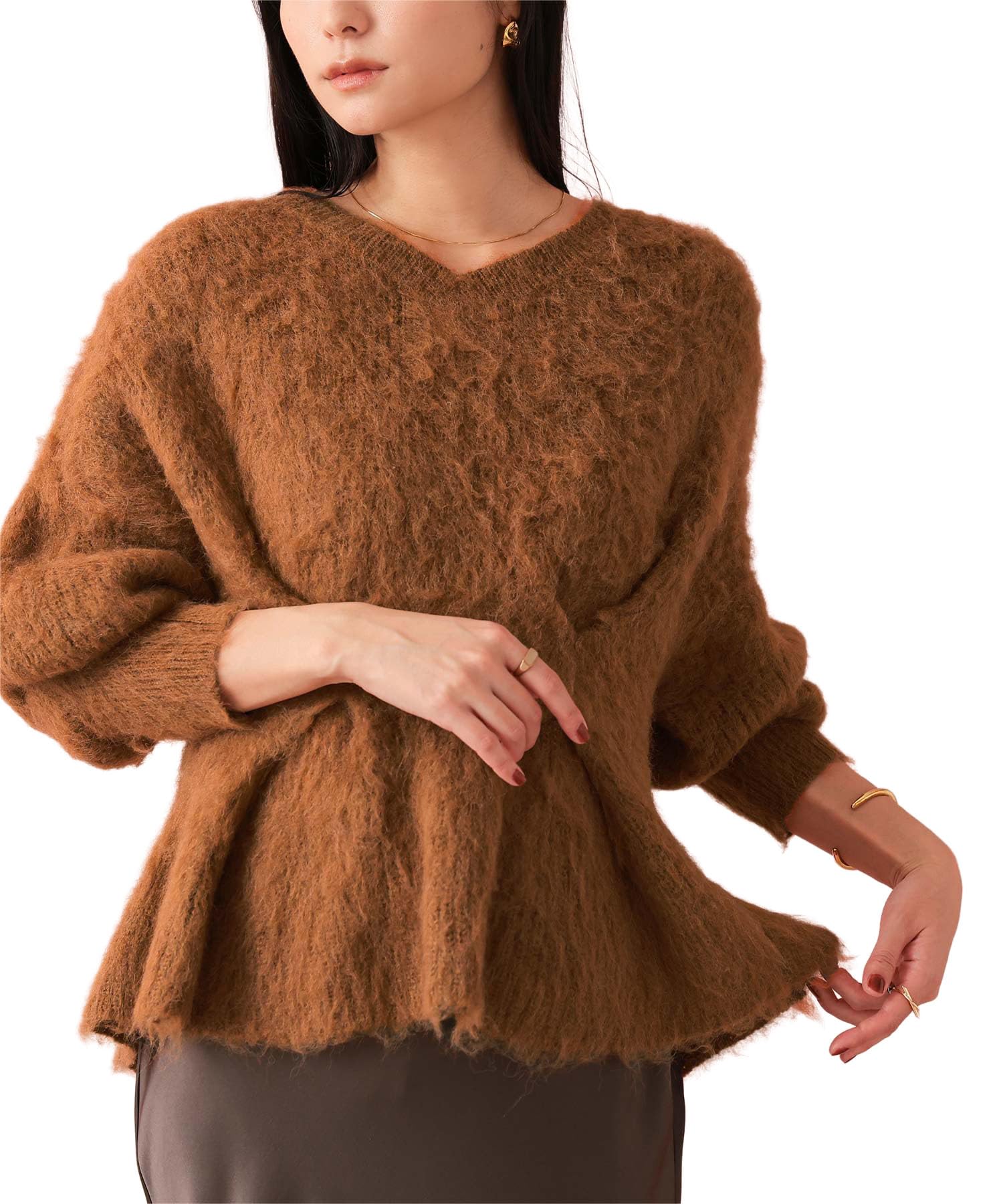 [Yours] V-neck Waist Tuck Peplum Knit BGXU1880 Women s M Camel