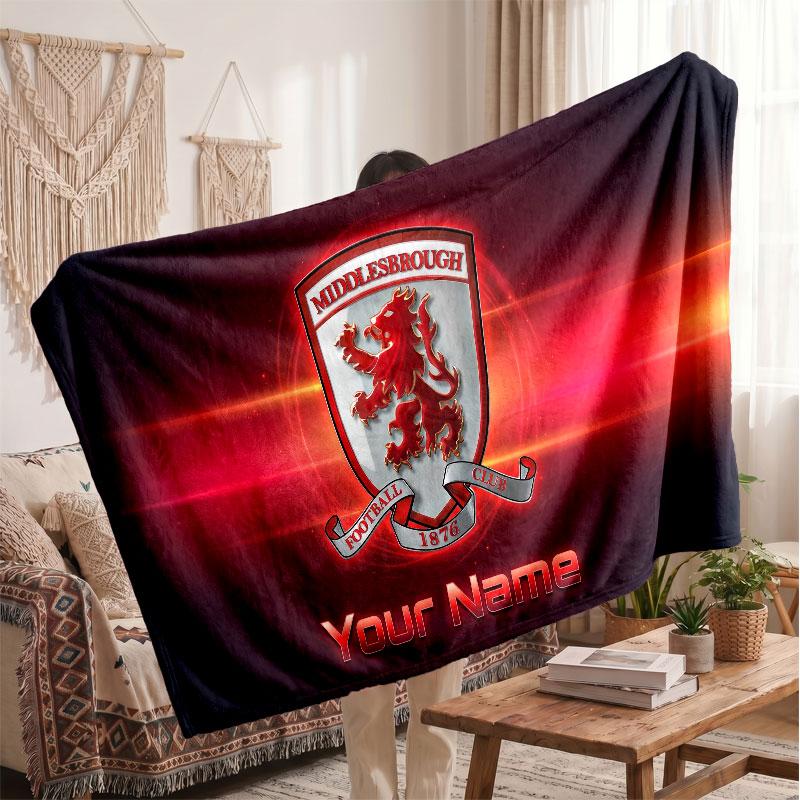 Couverture polaire personnalisée Middlesbrough FC avec logo de football, texte de nom personnalisé, couverture jetée douce et chaude pour la maison
