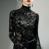 Women Clothing Vintage Elegant Flower Flocking High Collar Basic T-shirt Autumn Winter Sexy Mesh Long Sleeve Slim Pullover Tops