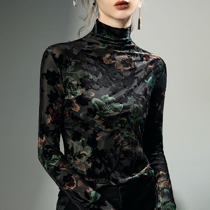 Women Clothing Vintage Elegant Flower Flocking High Collar Basic T-shirt Autumn Winter Sexy Mesh Long Sleeve Slim Pullover Tops