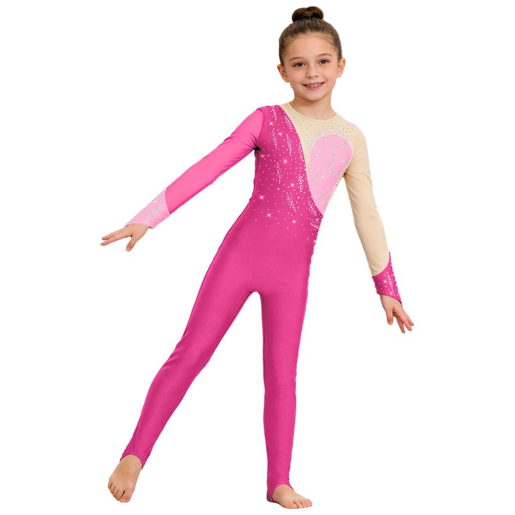 Veelzijdige Trainings- & Wedstrijdjumpsuit voor Kinderen Meisjes: Kenmerken Vingergaten, Mesh Patchwork & Strass Accenten