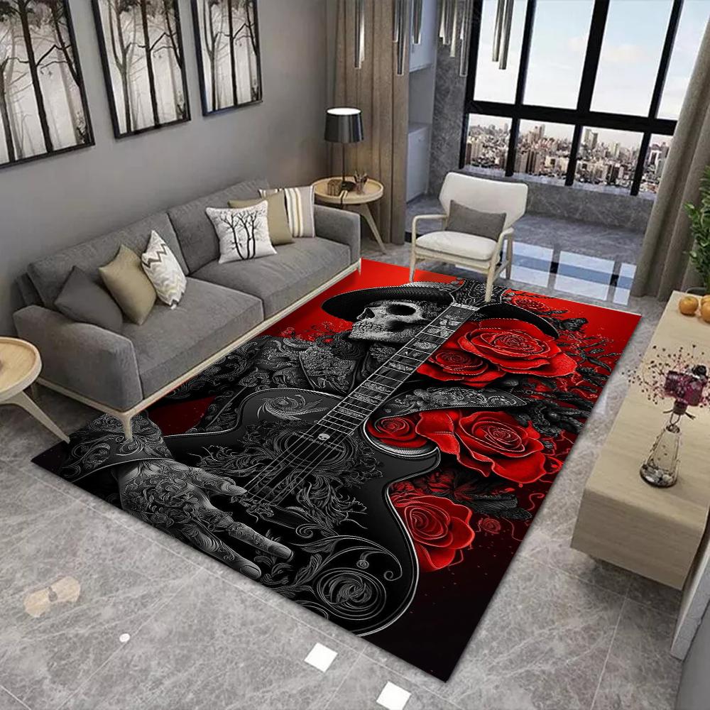 Gothic Skull Carpet Mat - Butterfly Rose Guitar Metallic Texture Sketch Dark Art Black Red Edgy Decorative Home Decoration Rug