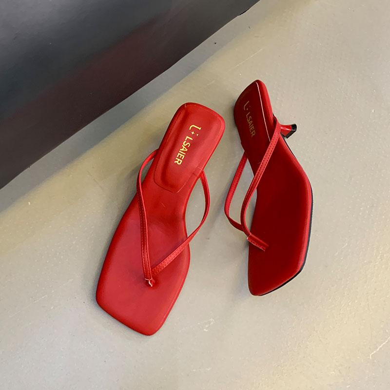 Fashion Fashion Square Toe Ladies Medium Heels Slippers Shoes Spring Summer Female Flip flops Slides Sandals Women Heeled Slippers Pumps