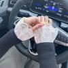 Womens Pleated Ruffles Horn Cuffs Hollow Out Lace White Embroidery Floral Lace Fake Sleeves Double Layer Sweater Wristband