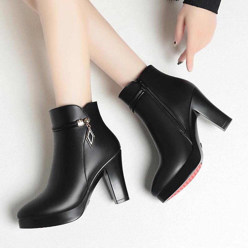 2024 Autumn Winter New High-heeled Short Boots Women's Thick-heeled Ankle Boots High Heel Shoes Warm Plush Boots