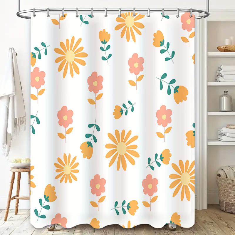 Bathroom Shower Curtain Fabric Waterproof Floral Print Decorative Home Decoration White with Orange Flowers Pattern (180cm)