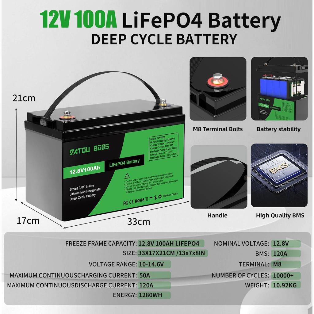 Batterie Ioni di Litio LiFePO4 12V 100AH Germania Magazzino UE BMS 100A Adatte per Campeggio, Camper, Sistema di Energia Solare per la Casa