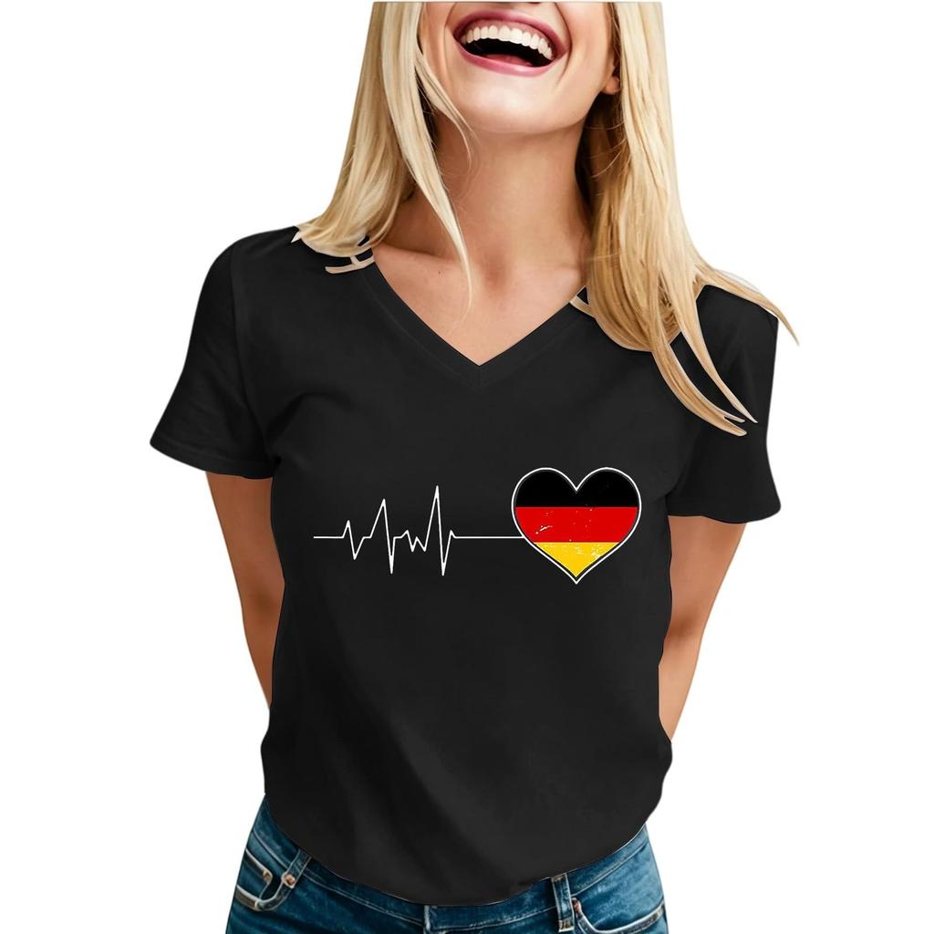 Damen Freizeit V-Ausschnitt Kurzarm T-Shirt Herzschlaglinie Deutschlandflagge Grafik T-Shirt Oberteil Weich Leicht Sommerbluse