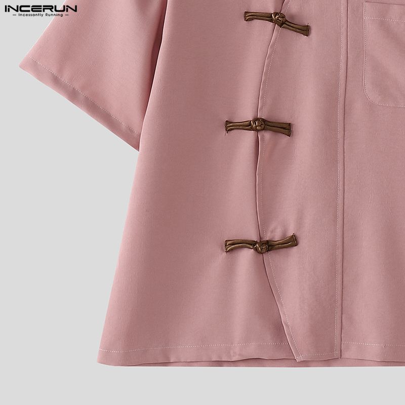 INCERUN Oversized Men Summer Short Sleeve Side Buttons Casual Vintage Tops Shirts