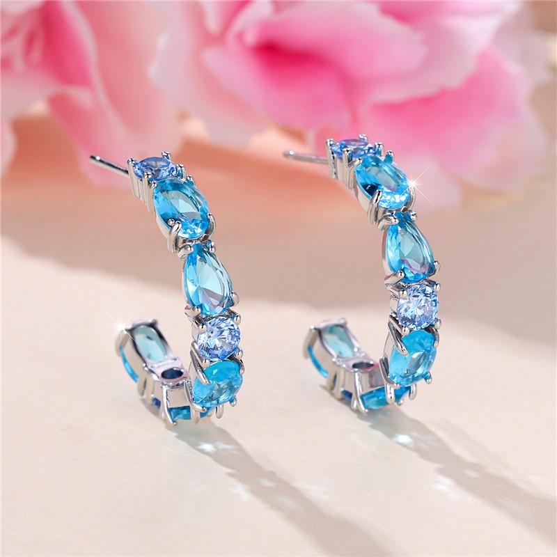 Luxury Female Blue Stone Stud Earrings Silver Color Zircon Wedding Jewelry For Women
