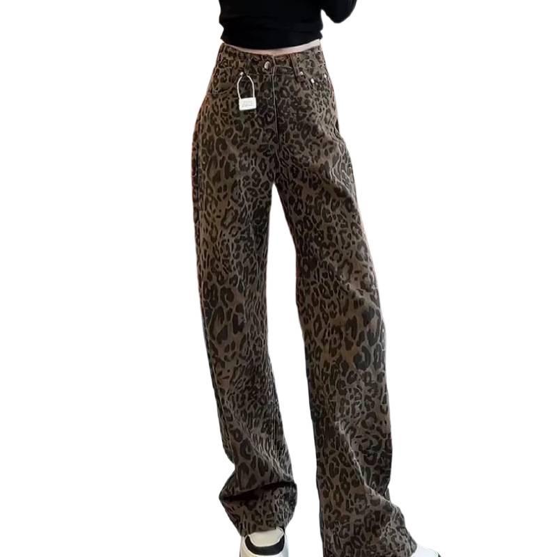 High Waist Leopard Print Wide-Leg Jeans - Autumn & Winter Style