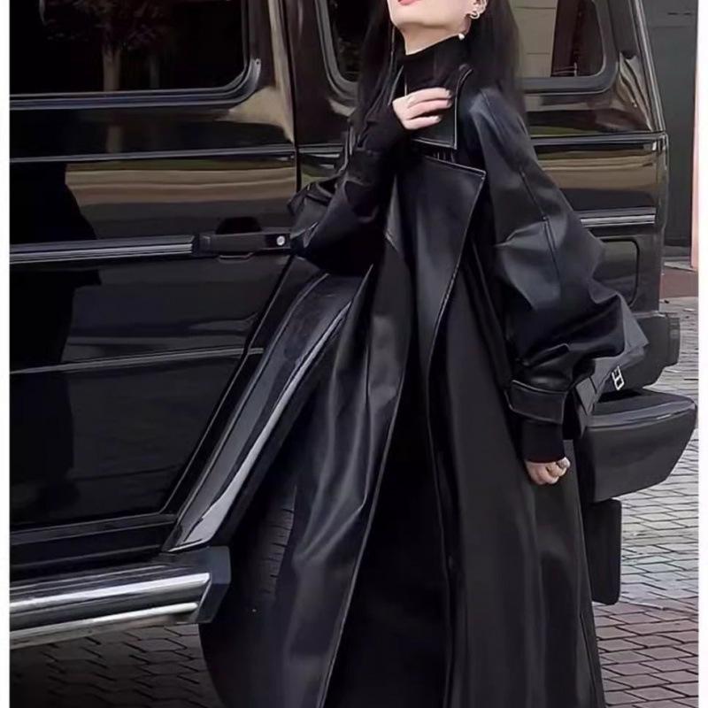 2024 High-End Autumn Dark Goth Over-the-Knee Leather Women's Jacket