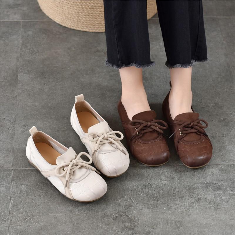 Johnature Genuine Leather Soft Soled Loafers Casual Comfortable Round Toe Lace Up Women's Flat Shoes