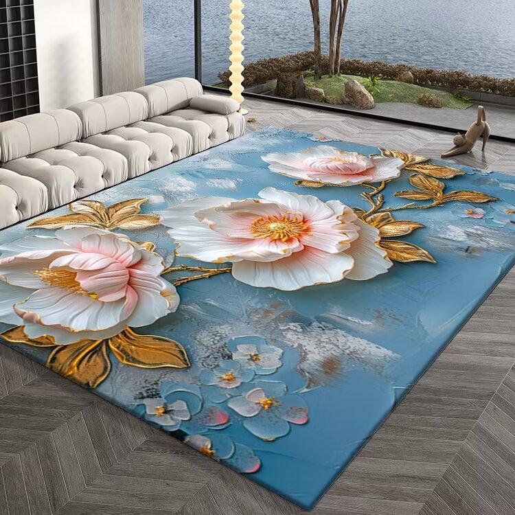 

Элегантный Изысканный 3D Ковер с Цветочным Узором Пионы Синий Розовый Золотой Рельефный Коврик для Гостиной Спальни Отеля Роскошное Украшение Дома 40X60CM
