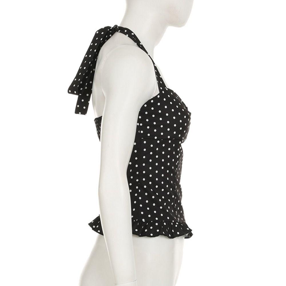 Lace Up Halter Ruffle Vest Top Slim Fit Women Camisole Comfortable Y2k Dot Crop Top Female