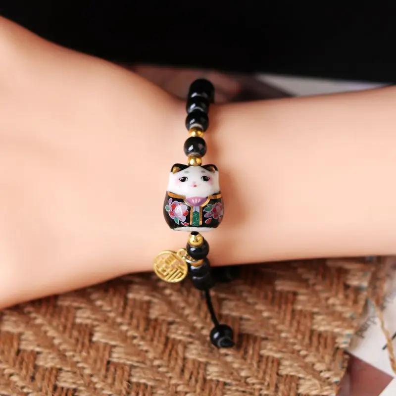 Fashion Cute Cat Bracelet For Girls Adjustable Colorful Beaded Bracelets Harajuku Ceramics Anime Pendant Charm Bracelets Jewelry