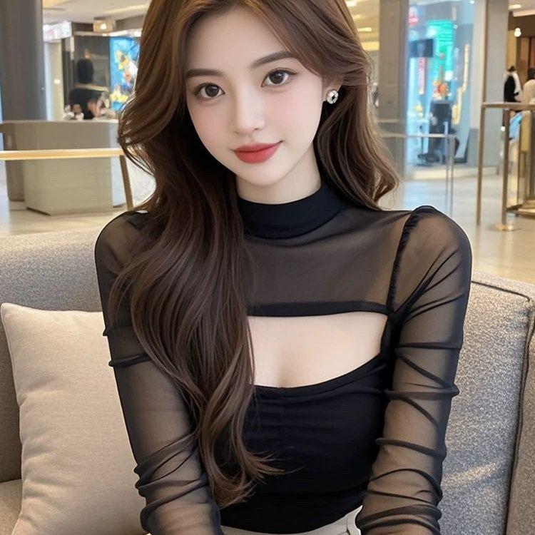 

Women s Slimming Cutout Mesh Long Sleeve Top - Autumn Collection Small