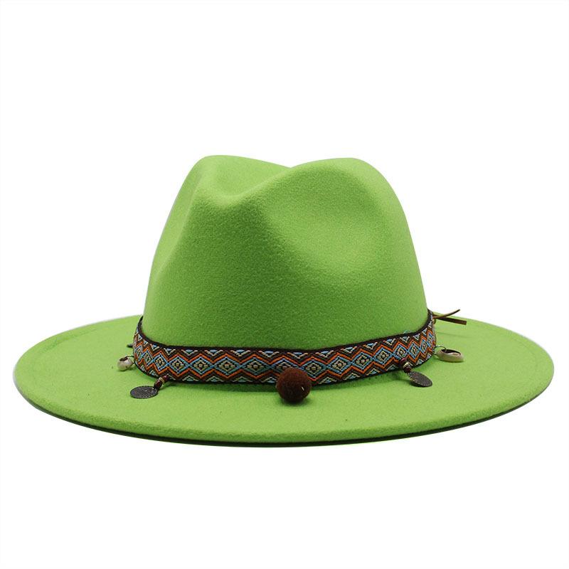 

Wish Woolen Top Hat Men S And Women S Flat Brim Ethnic Minority Style Jazz Hat L（59-61cm） зелений
