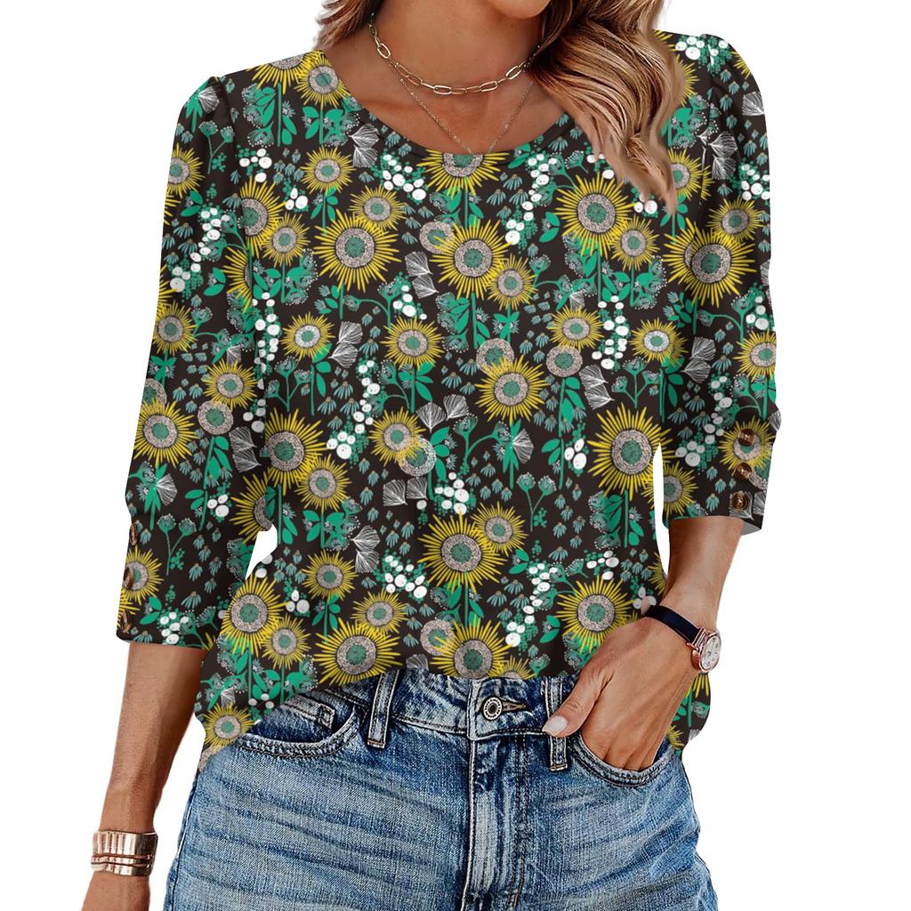 Womens Tops 3/4 Sleeve With Buttons Casual Blouses Summer Outfits Beach Vacation Clothes