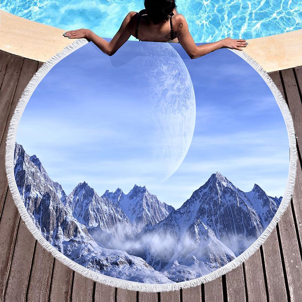 Natural Scenery Snow Mountain Round Beach Towel Sand Free Quick Dry Beach Towels with Tassels for Women Adult Swim Pool Yoga