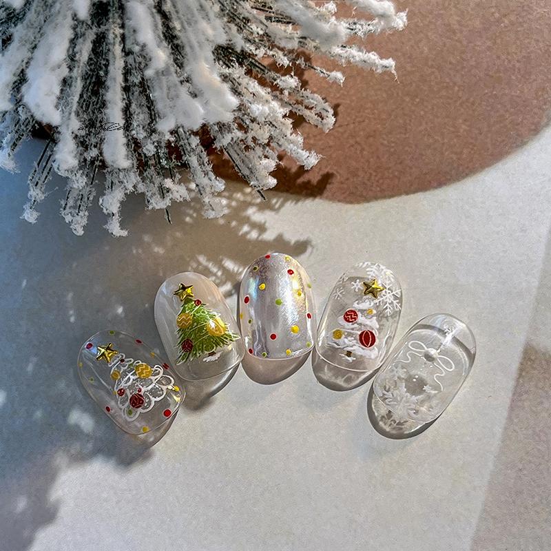 Christmas Tree Nail Stickers Embossed Self-Adhesive Nail Art Decals for Manicure Festive Charm Nail Ornaments for Party