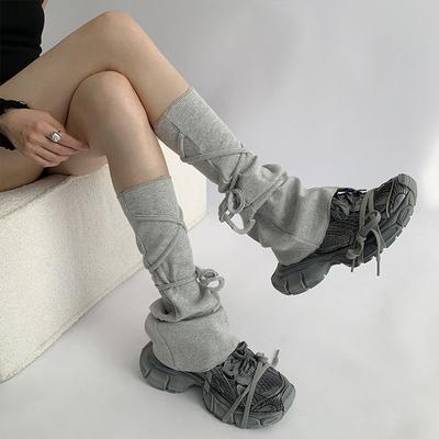 Early Autumn Student Leg Warmers Y2K Gray Strapped Socks for Women Spring Autumn Mid-calf JK Calf Socks Flared Knitted Leg Warmers for Women