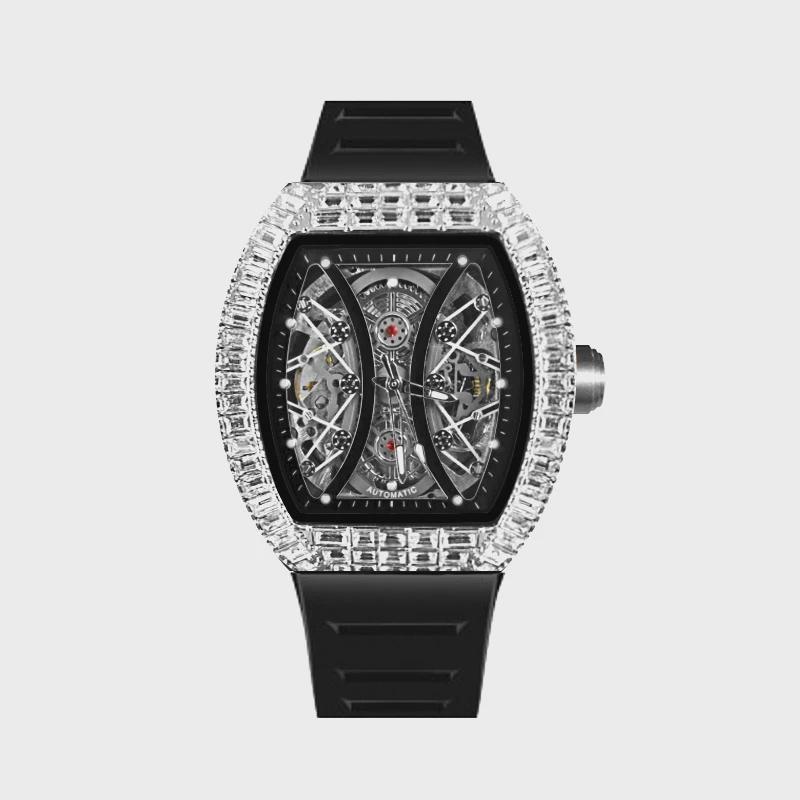 Top Brand Men's Automatic Mechanical Watch Fashion Tonneau Case Luminous Pointer Diamond Skeleton Watch