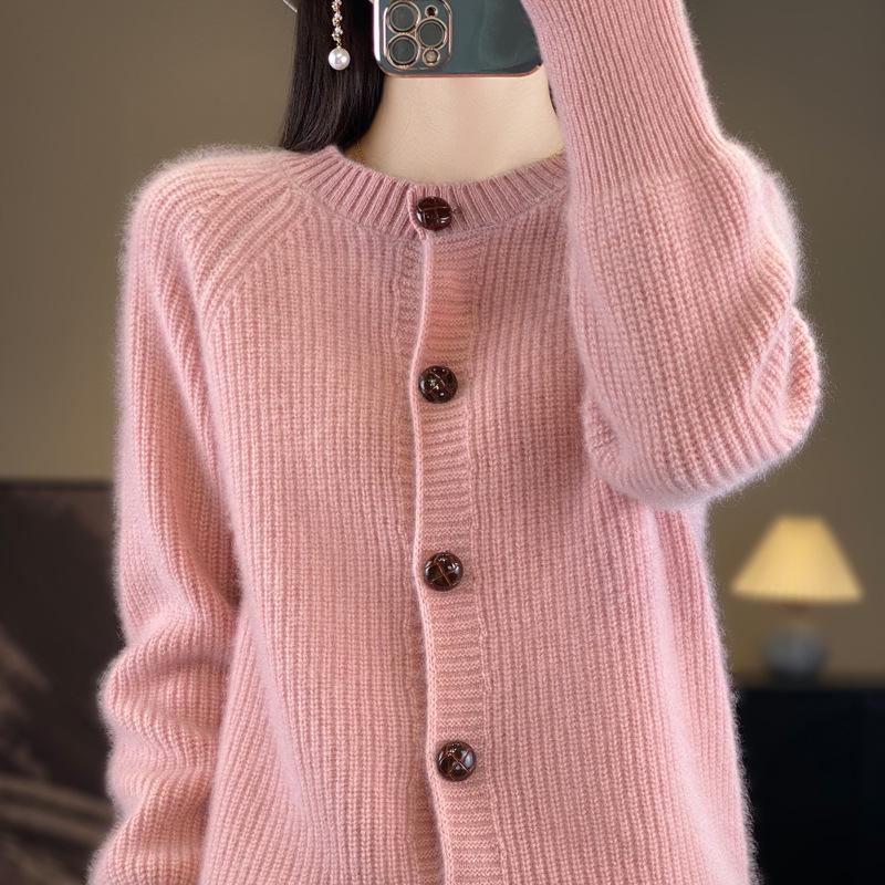 

Кардиган из рубчатой шерсти с рукавами реглан - С круглым вырезом, Универсальный однотонный свитер для осени/зимы Large