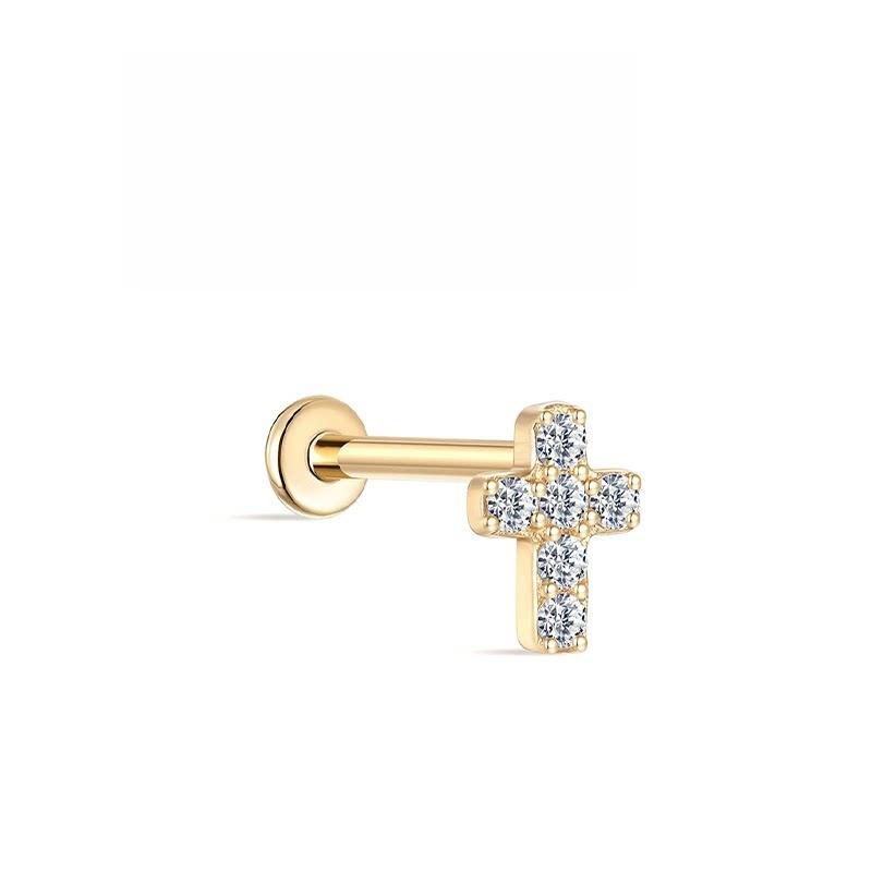Cross Solid 18K Gold Internally Threaded Cartilage Studs AU750 Paved Diamond Luxury Body Piercing Jewelry