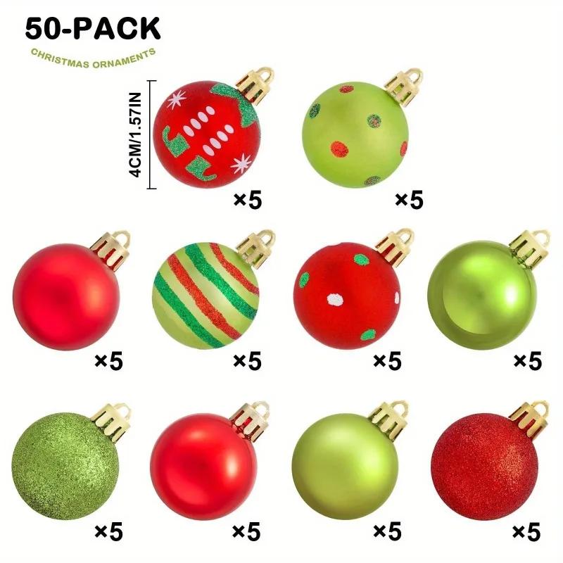 50Pcs Christmas Ball Decoration Red Green Painted Xmas Ball Ornaments Set 40Mm Hanging Xmas Ball For Holiday Atmosphere Decor