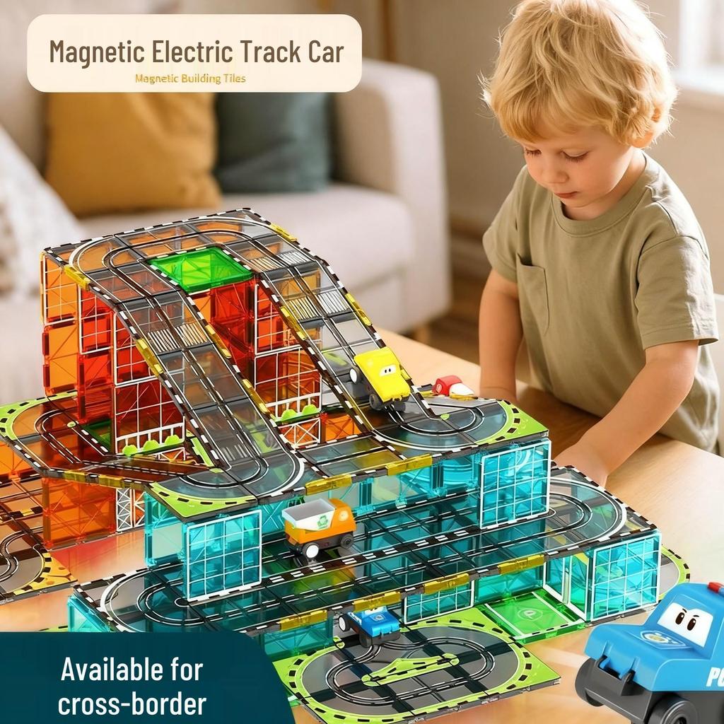 Magnetic Building Blocks & Electric Track Car City Set: Stained Glass Educational Toy for Kids