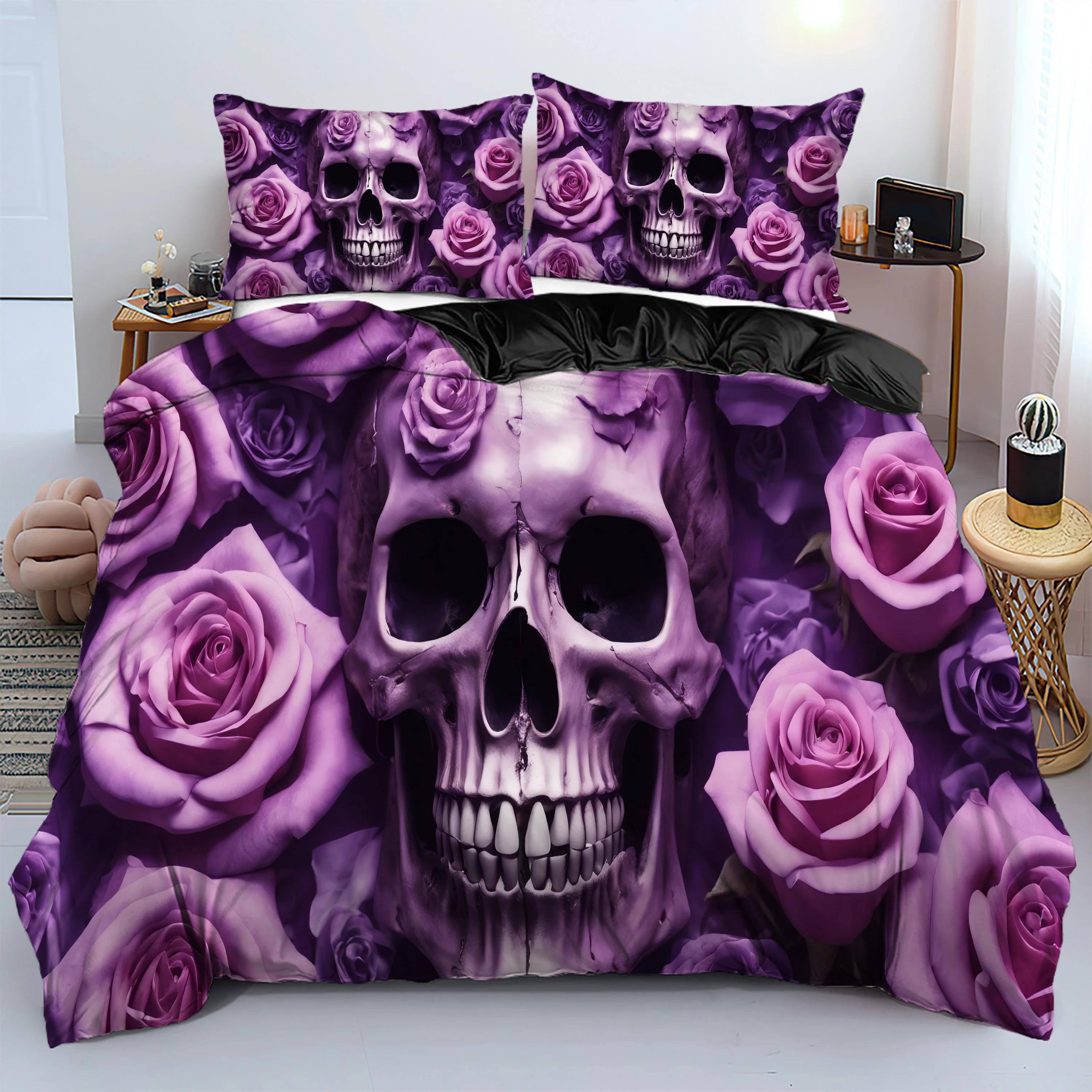 

Purple Rose Skull Pattern 3D Print Duvet Cover Fashion Halloween Gothic Style Bedding Set With Pillowcase Polyester Quilt Cover EU Twin(135x200cm)
