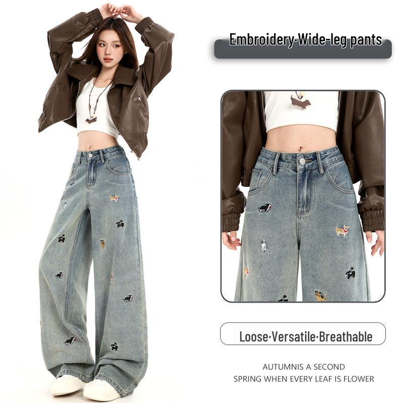 Cartoon Puppy Embroidered Korean-Style Women s Wide-Leg Jeans - 2025 Autumn Collection Double Extra Large