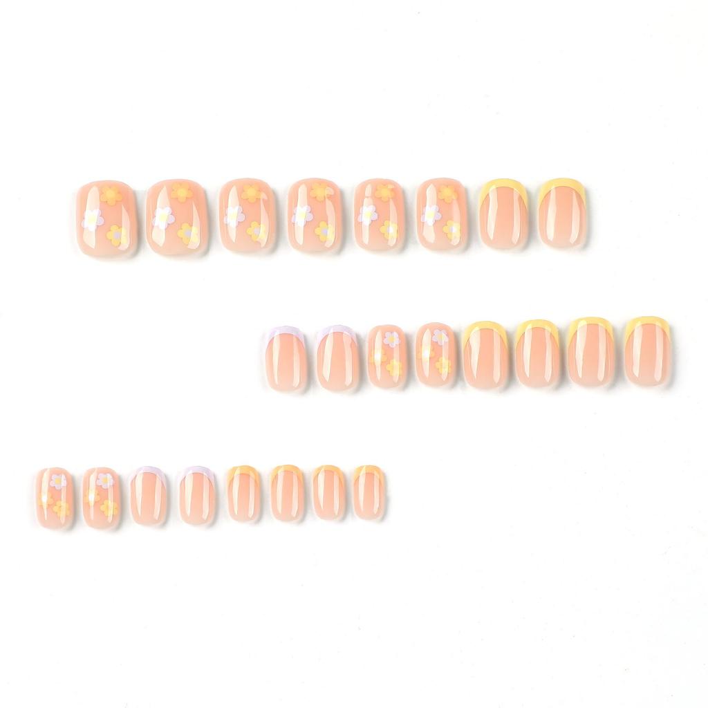 Tri-Color French Style Removable Nail Tips with Floral Stickers (Orange, Yellow, Purple)