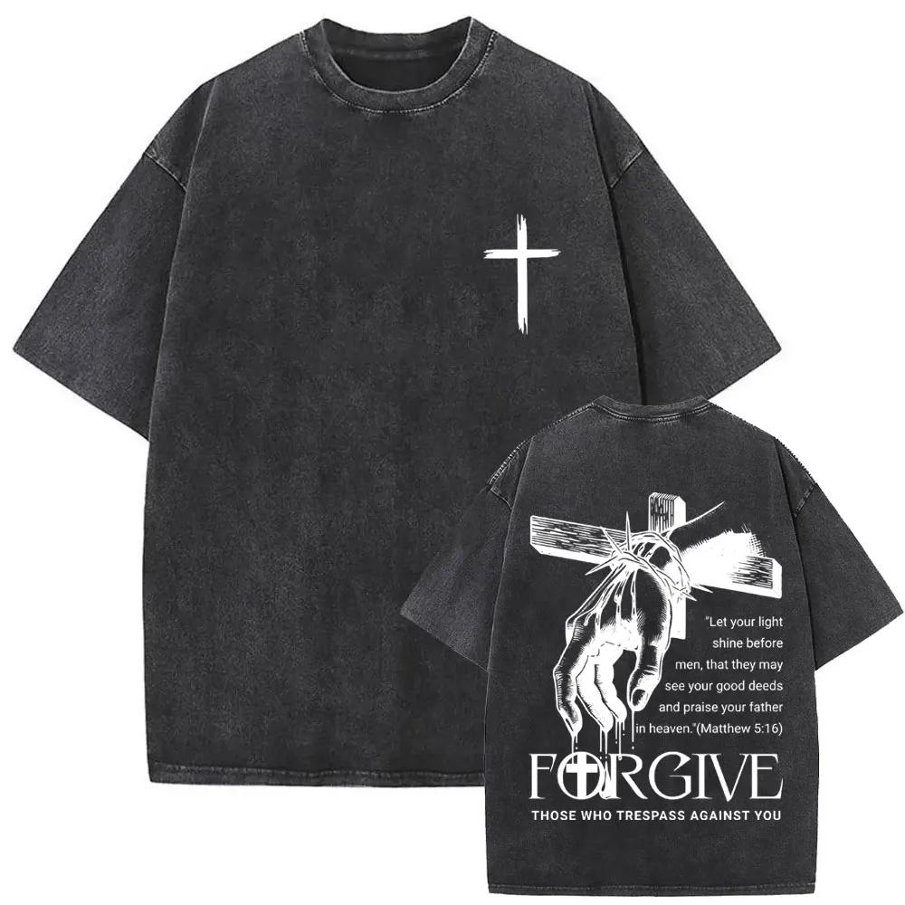 Women Christian Religious Jesus Forgive Them Father Vintage Washed T-shirt Women Gothic Rock Oversized T Shirts Tops