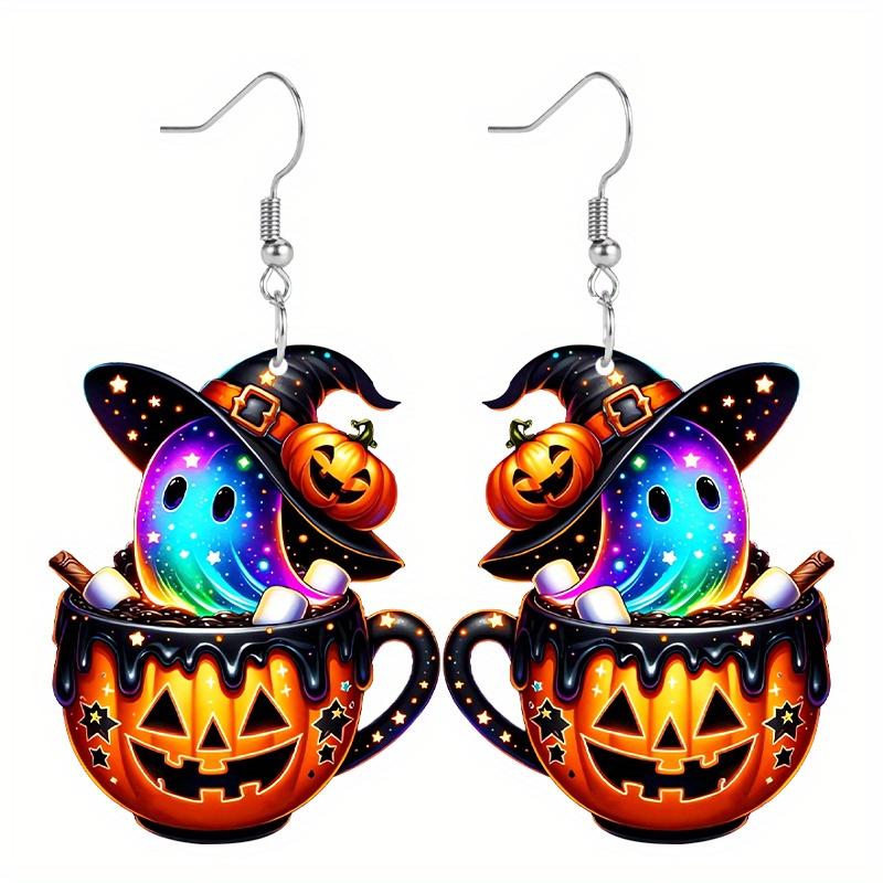 Halloween-Geisterbecher-Ohrhänger, Ohrringe aus Acryl und Edelstahl, klassischer Cartoon-Stil, ideal für das ganze Jahr, Partys und Feiertage