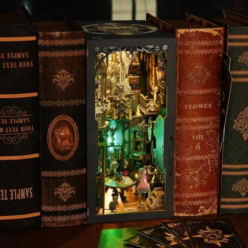 Book Nook Kit for Adults, DIY Miniature Dollhouse Bookshelf Decoration with Dustproof Cover, Bookends, 3D Wooden Puzzle, Motion Sensor, and Built-in L