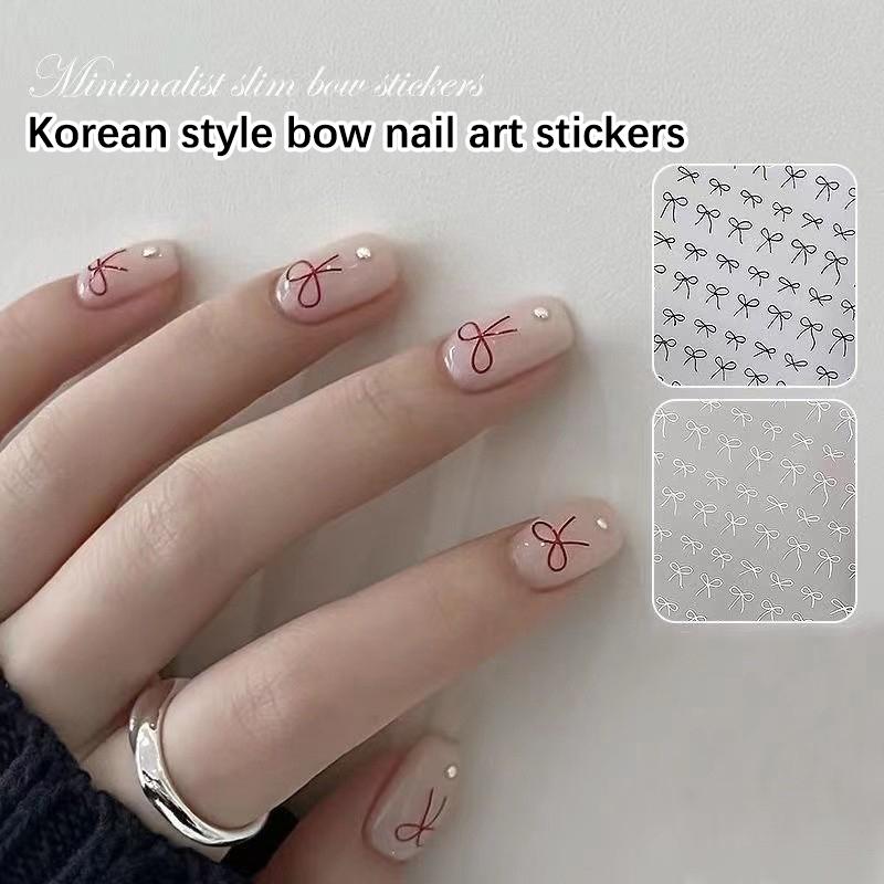 Adesivos de arte para unhas 3D com mini laço japonês, moda desenho animado, venda de fita preta e branca, decalques para decoração de unhas, acessórios faça você mesmo