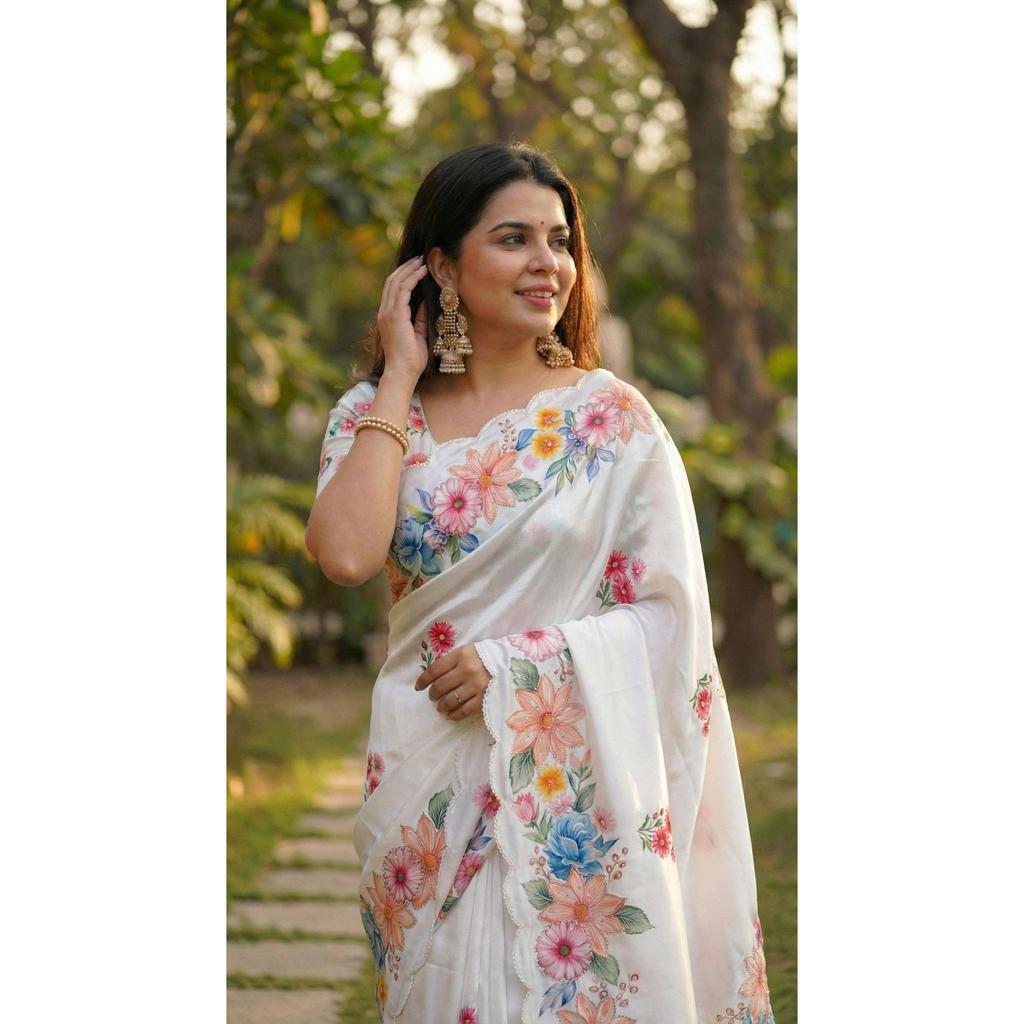 Soft Chinon silk saree floral digital print with beautiful handwork and hand work with cut-work  border