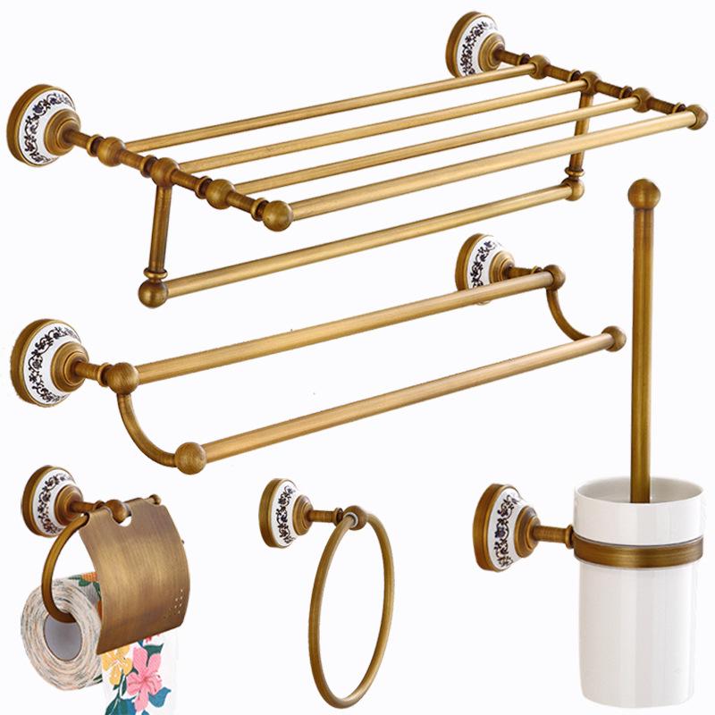 European Antique Brass Double Towel Bar & Shelf Set